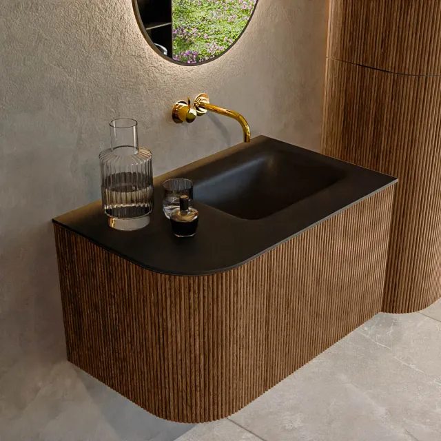 Mondiaz KURVE 75 cm Onderkast Greeploos 1 Lade Met Deuren Walnut, Wastafel Solid Surface Rechts Urban 0 Kraangaten Zonder Spiegel (KRVGRU75L1L1D0KR-Wal/Urb)