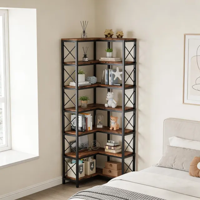 MIVRAY Boekenkast – Hoekontwerp Met 14 Open Vakken – 61 x 60,5 x 202 cm – Metaal En Hout – Zwart En Rustiek Bruin – Open Opbergruimte Black