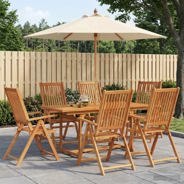 vidaXL Buiten Eetset met Parasol 8 st 6-zits Crème Wit en Natuurlijk, foto 2