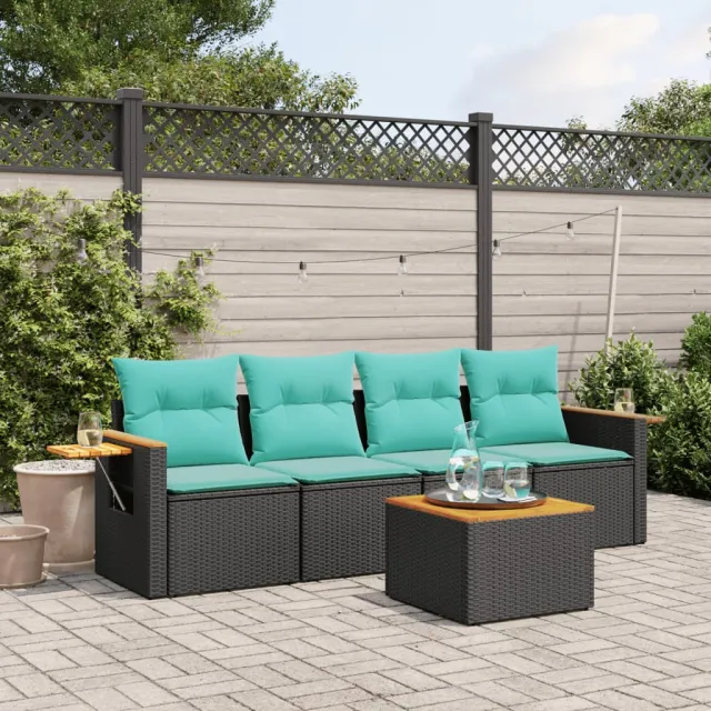 vidaXL 5-delige Loungeset met kussens poly rattan zwart, foto 2