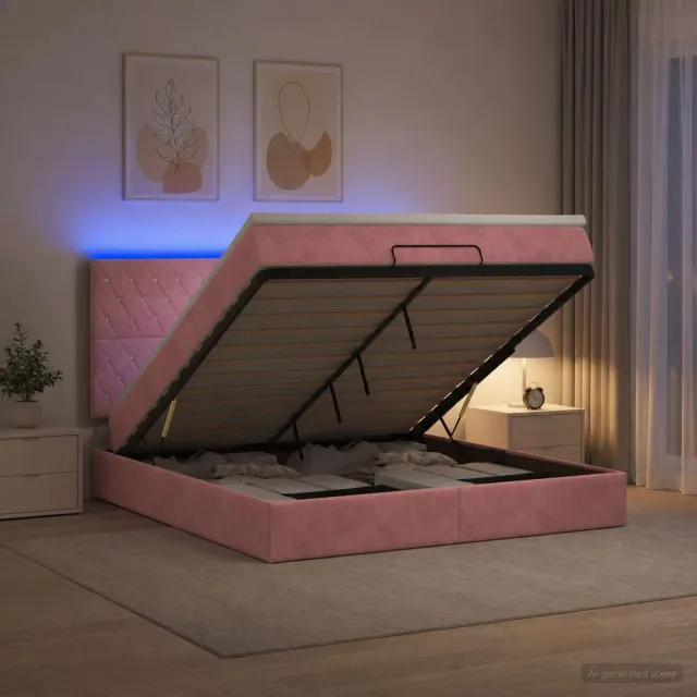 vidaXL Ottoman Bed met Matrassen en LED Roze 140 x 200 cm fluweel