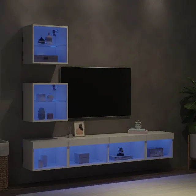 vidaXL 5-delige Tv-wandmeubelset met LED-verlichting bewerkt hout wit, foto 2