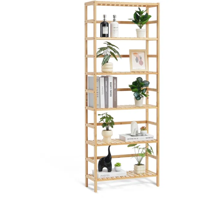 Vevor Bamboe Boekenplank Plantenstandaard Bloemenplank Opbergrek Kantoor 6 Lagen Bamboe natuurlijke kleur