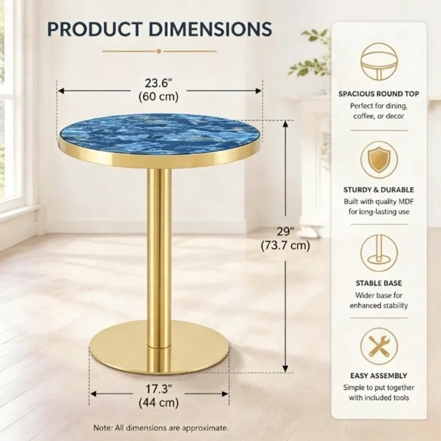MIVRAY Bijzettafel - Ronde Tafel Met Marmereffect En Gouden Rand - Modern Voor Woonkamer Slaapkamer Of Balkon - MDF En Metaal - Blauw