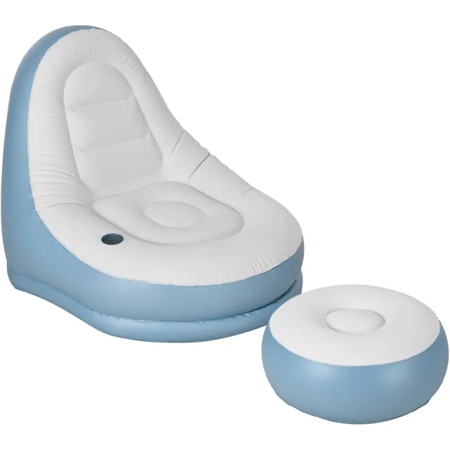 Sunona Opblaasbare fauteuil met voetenbank - Met bekerhouder - 125 x 100 x 87 cm - Wit/Blauw Multi
