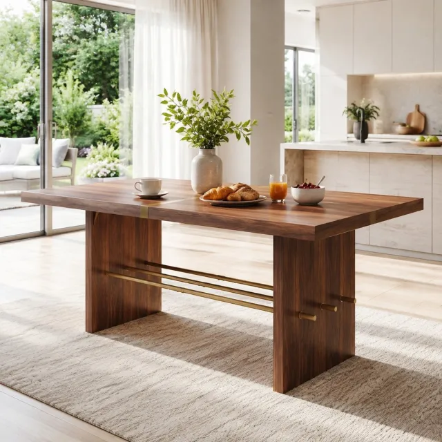 REDOM Eettafel - Rechthoekig tafelblad - Vaste constructie - Ondersteunende dwarsbalk - Modern - Eetkamer en woonkamer - MDF - Walnoot en goud - 180 x 75 x 75 cm Walnut
