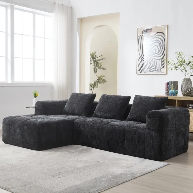 STILVORA L-Sofa - Modern Chenille Hoekbank - 3-Zits Met Chaiselongue - Geen Installatie Vereist - Zwart