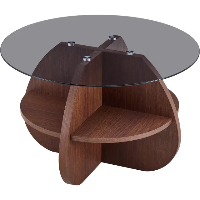 MUVANO Ronde glazen salontafel met opbergruimte - Gehard grijs glas - MDF onderstel in walnootlook - Drie open vakken - Voor woonkamer en lounge