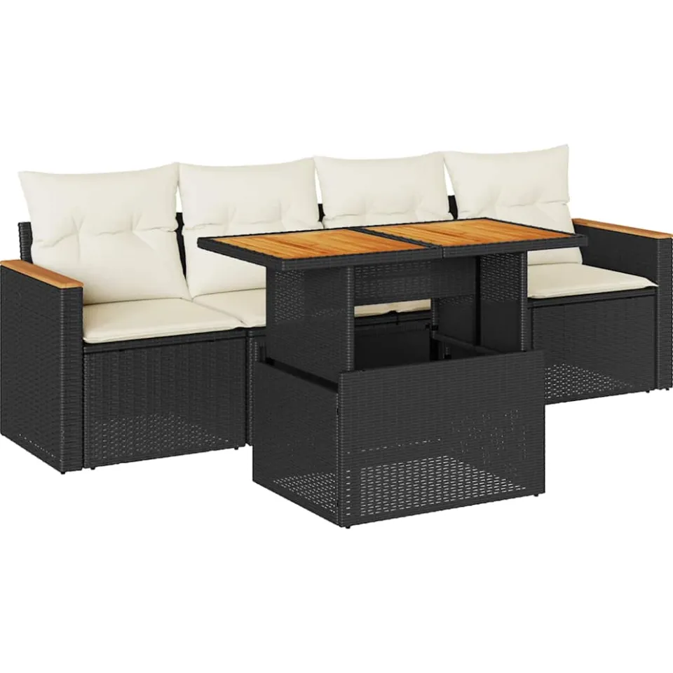 vidaXL 5-delige Loungeset met kussens poly rattan acacia zwart, foto 3