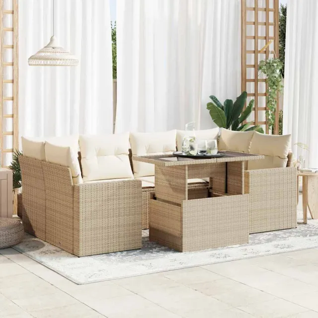 vidaXL 7-delige Loungeset met kussens poly rattan beige, foto 2