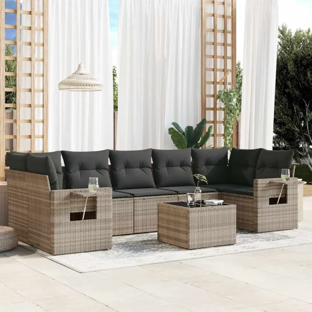 vidaXL 8-delige Loungeset met kussens poly rattan lichtgrijs grijs, foto 2