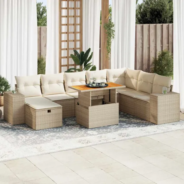 vidaXL 9-delige Loungeset met kussens poly rattan acacia beige, foto 2