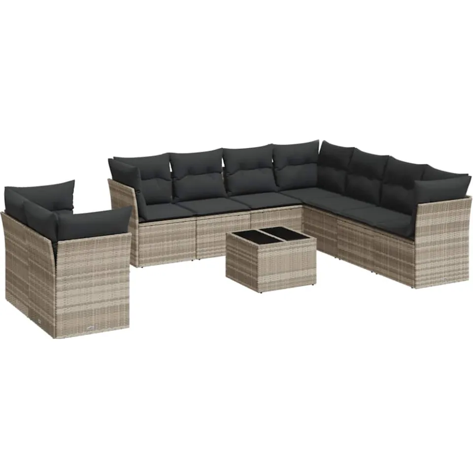 vidaXL 10-delige Loungeset met kussens poly rattan lichtgrijs grijs
