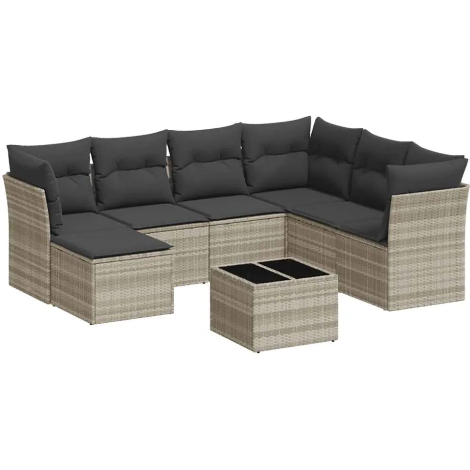 vidaXL 8-delige Loungeset met kussens poly rattan lichtgrijs grijs