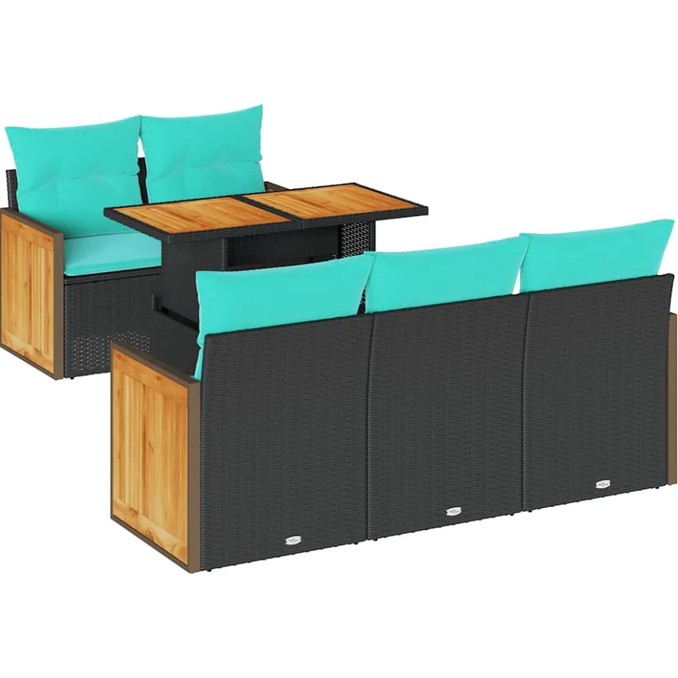 vidaXL 6-delige tuinbankset met kussens, zwart polyrotan en acacia