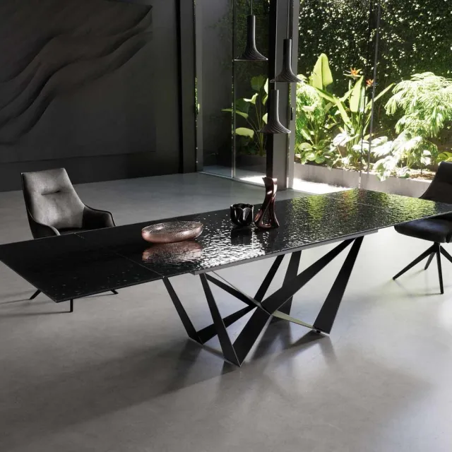 DELIFE Eetkamertafel Edge Glas smelten rokerig zwart 3D-Relief 200-300x100 spider vlak staal zwart uitschuifbaar