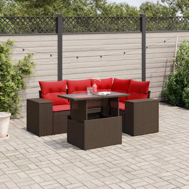 vidaXL 5-delige tuinbankset met kussens, bruin polyrotan