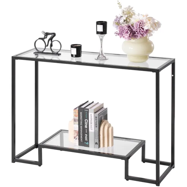 Vevor 2-Laags Glazen Consoletafel, Rechthoekige Bijzettafel, Haltafel, Zwart