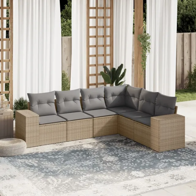 vidaXL 6-delige Loungeset met kussens poly rattan beige