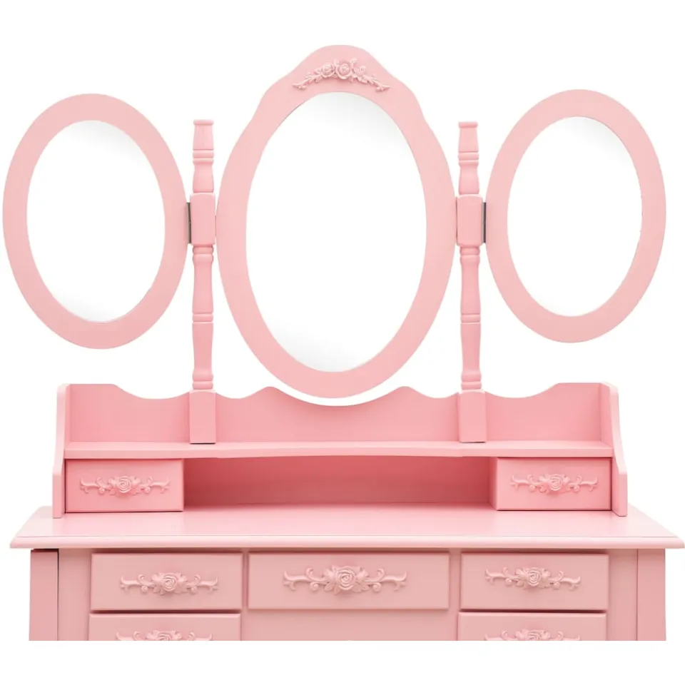 vidaXL Kaptafel met kruk en drievoudige spiegel roze, foto 3
