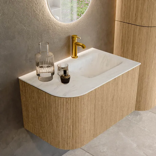 Mondiaz KURVE-DLUX 75 cm Onderkast Greeploos 1 Lade Met Deuren Oak, Wastafel Solid Surface Rechts Opalo 1 Kraangat Zonder Spiegel (KRVGRU75L1L1D1KR-Oak/Opa)