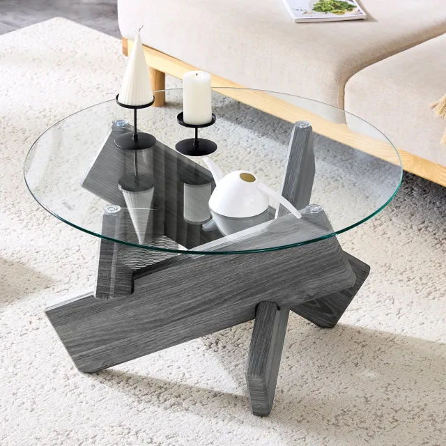 CHICFURN Salontafel - Rond glazen blad - Kruispoot - Grijs transparant