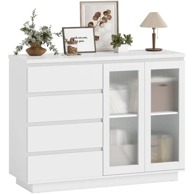 Homcom Dressoir met Lades en Glazen Deuren - Buffetkast, Sideboard, Dressoir - Wit