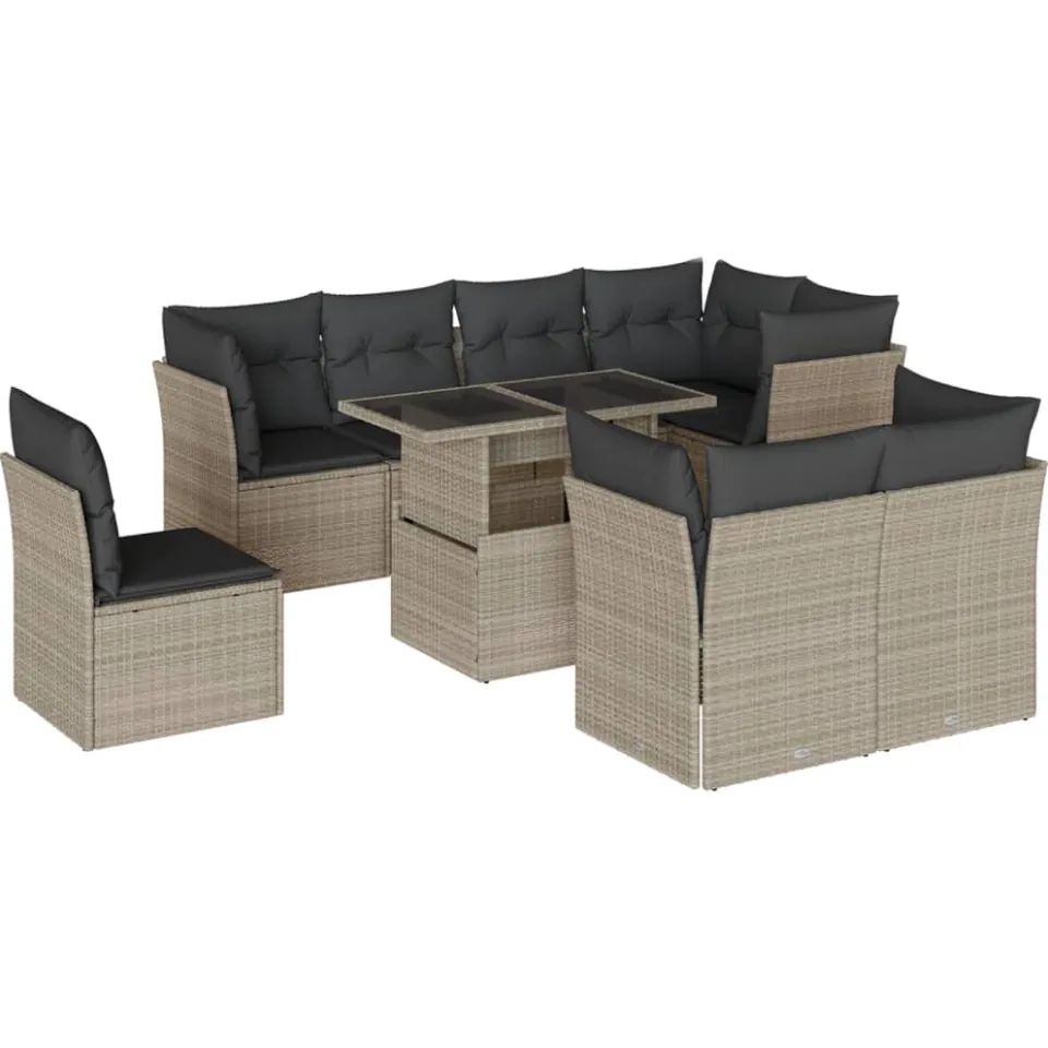 vidaXL 9-delige Loungeset met kussens poly rattan lichtgrijs grijs