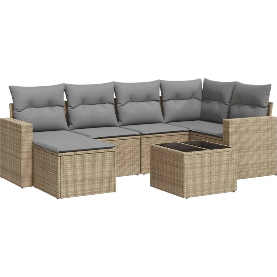 vidaXL 7-delige Loungeset met kussens poly rattan beige