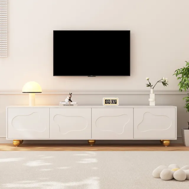 Zubaliya TV Meubel 180 cm voor 75 Inch TV - Wit Lowboard met 4 Deuren en Opbergruimte - Modern TV Kast met Wolkvormig Design en 5 Poten