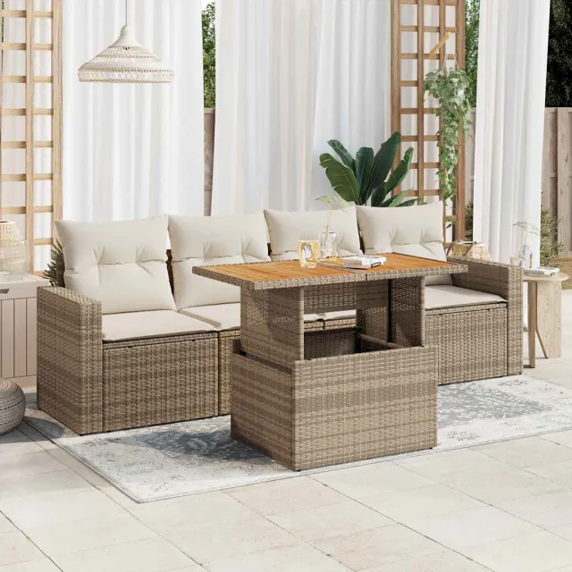 vidaXL 5-delige Loungeset met kussens poly rattan beige, foto 2