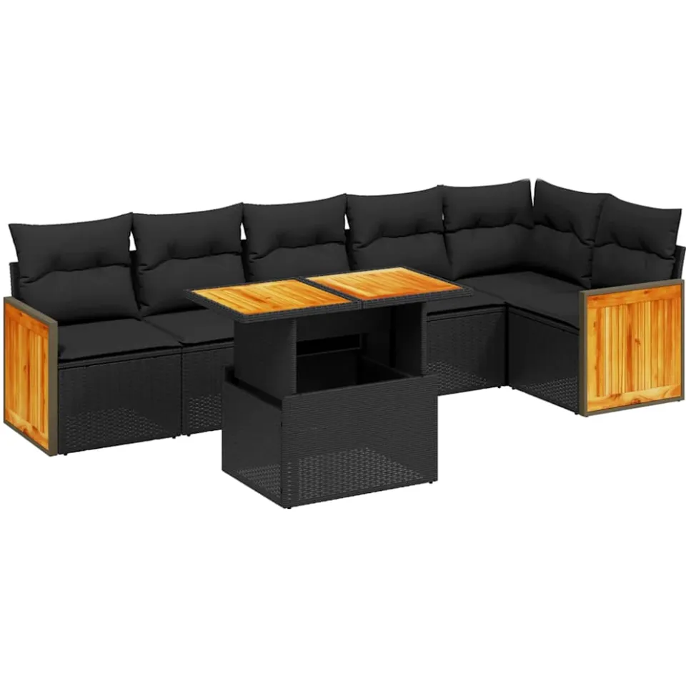 vidaXL 7-delige Loungeset met kussens poly rattan zwart, foto 3