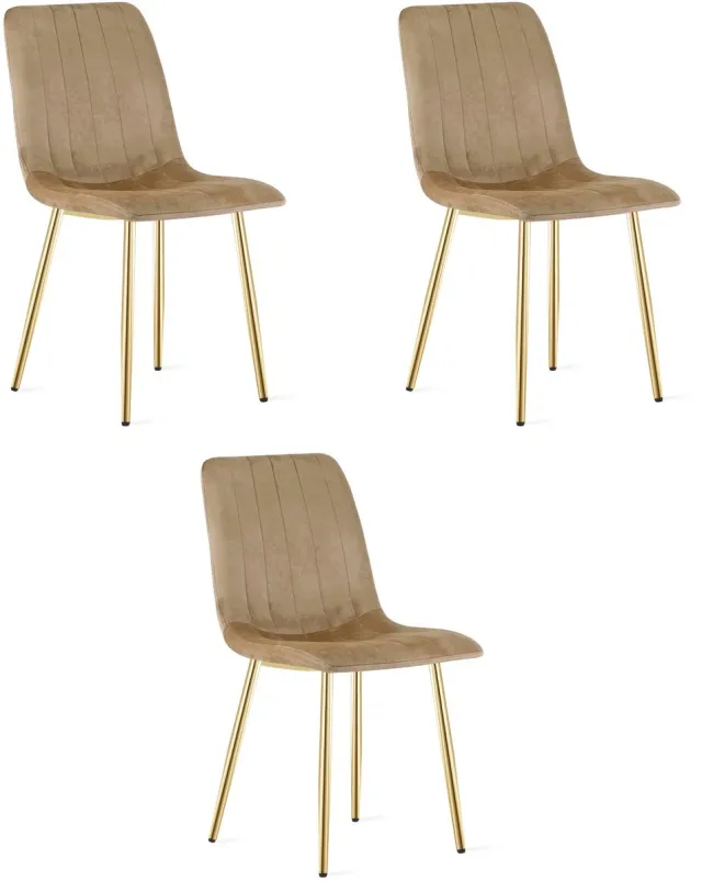 Oskar Set van 3 Eetkamerstoelen LAVA - Bruin met Gouden Poten – Velvet Gestoffeerde Design Stoelen – Comfortabele Stoelen voor Eetkamer, Keuken en Woonkamer - 110 kg bruin / goud