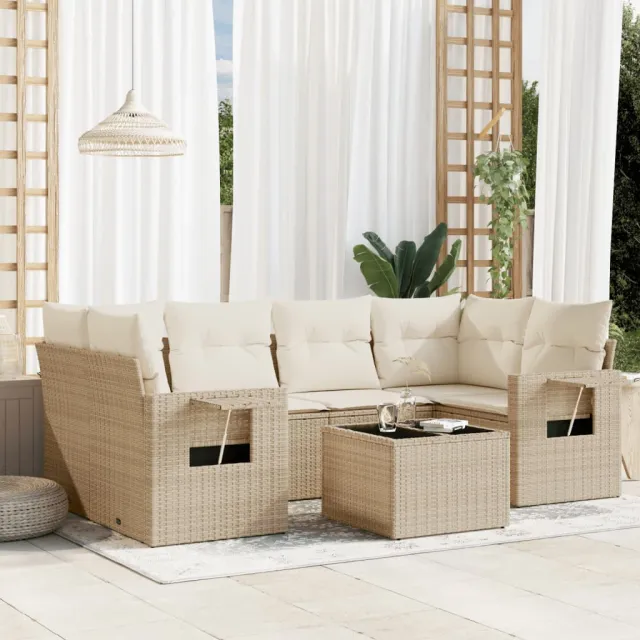 vidaXL 7-delige Loungeset met kussens poly rattan beige, foto 2