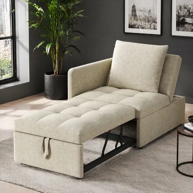 MEUNIQ Slaapbank 3-in-1 met 5-voudig verstelbare rugleuning, linnen stof, 177 x 68 x 65 cm, beige, voor woonkamer, logeerkamer of thuiskantoor