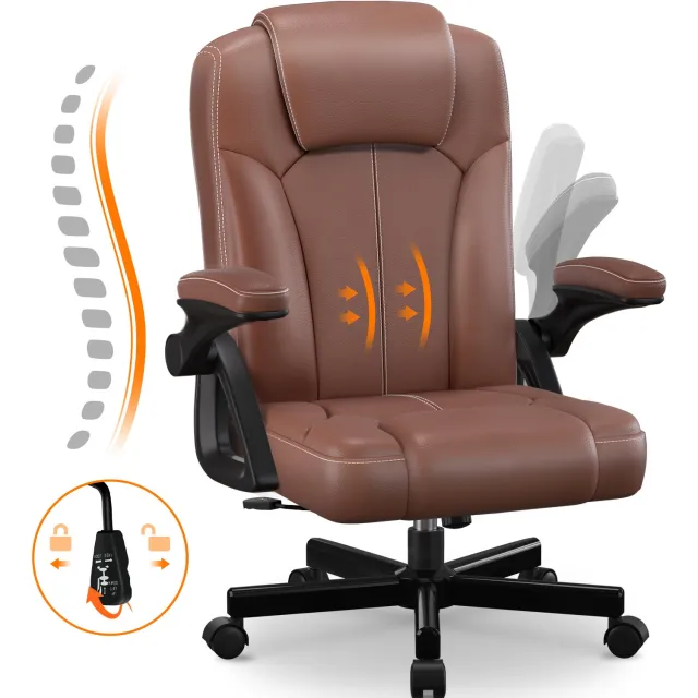 Hiazurm Bureaustoel - Ergonomische Bureaustoel - Comfortabele Kantoorstoel met S-vormige Rugleuning - 90° Opklapbare Armleuningen - Memory Foam Zitkussen - Verstelbare Rugleuning 90°-120° - 150 kg - Bruin