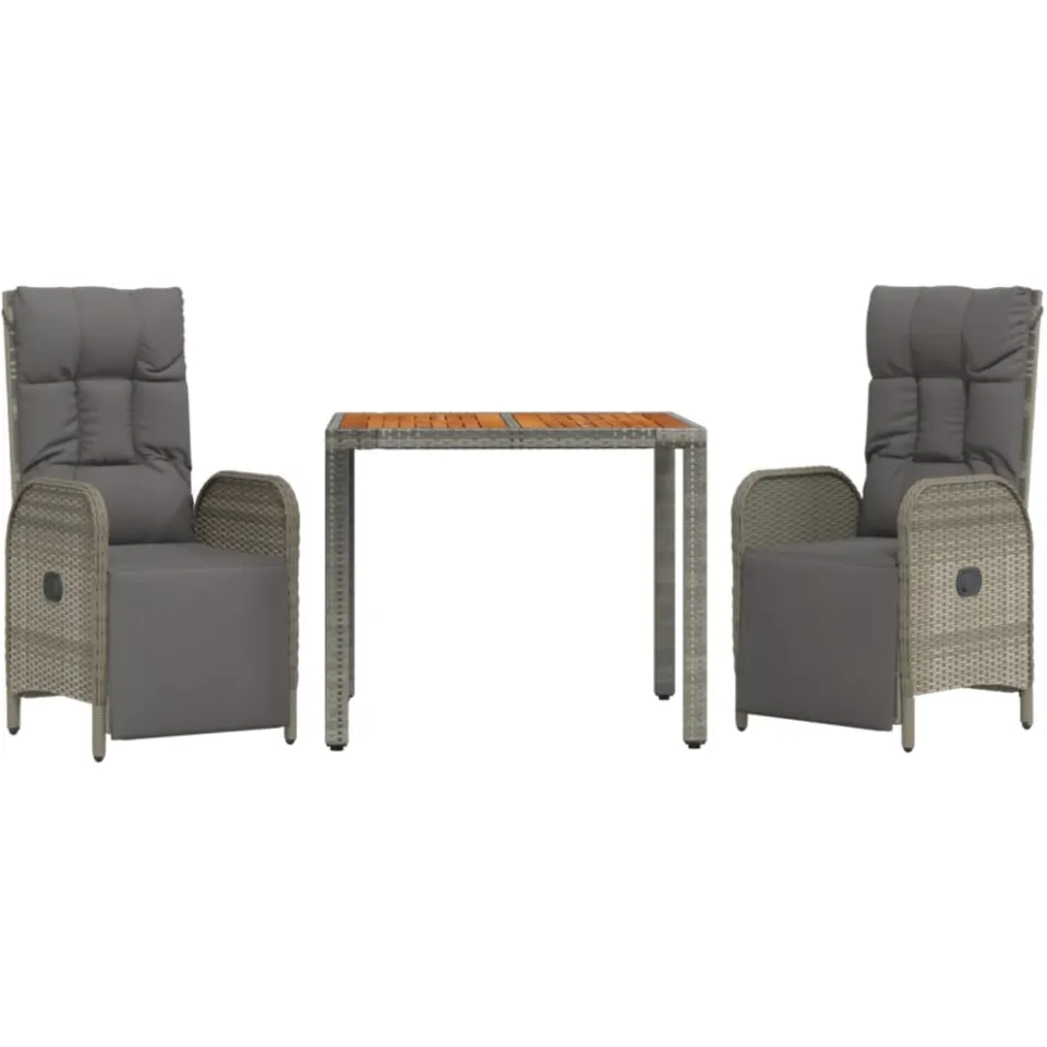 vidaXL 3-delige Tuinset met kussens poly rattan grijs