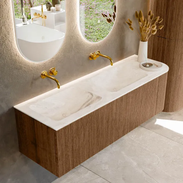 Mondiaz KURVE-DLUX 145 cm Onderkast Greeploos 1 Lade Met Deuren Walnut, Wastafel Solid Surface Links Frappe 0 Kraangaten Zonder Spiegel (KRVLEA145R1L1D0KD-Wal/Fra)