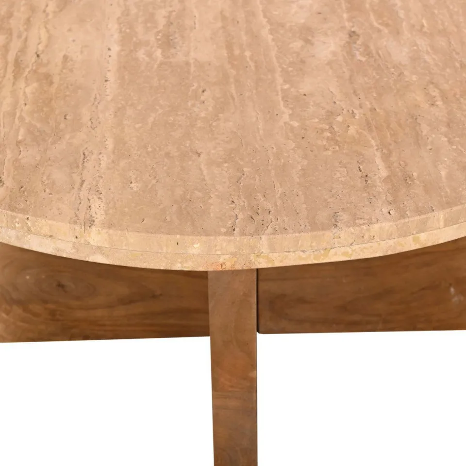Giga Meubel Salontafel Leno Rond - Travertin/Hout - Naturel - Set van 2, foto 7