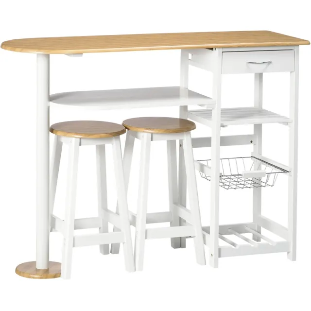 Sello! bartafel set – 2 krukken – barkrukken – compact stijlvol design – lade – draadmand – flessenrek – hout – staal – wit