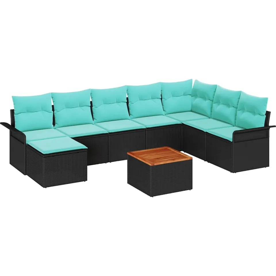 vidaXL Tuinbankenset 9 st Zwart en Turquoise poly rattan