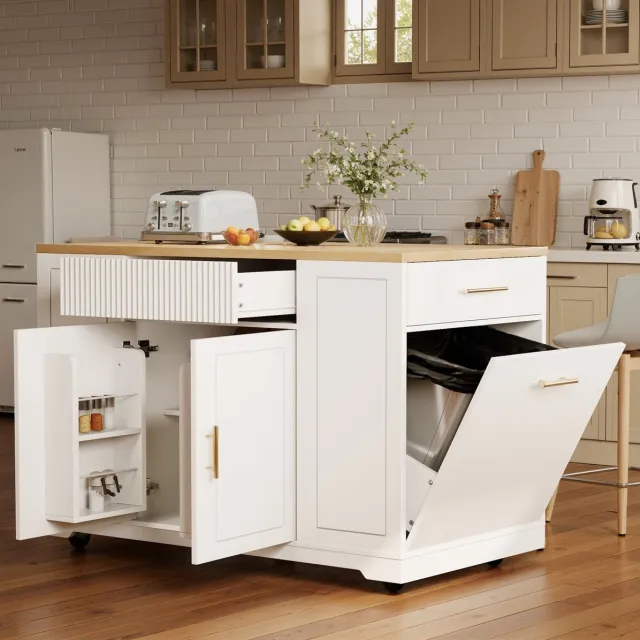 MEUNIQ keukeneiland met wielen 120 x 50 x 92 cm, keukentrolley met afvalbakvak, 2 deuren en 3 lades, wit met houtlook blad voor keuken of eetruimte