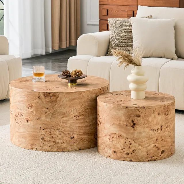 MIVRAY Salontafel Set Van 2 Met Opbergruimte En Afneembaar Deksel Ronde Nesttafels In Houtlook MDF 62,8 En 44 Cm Wood
