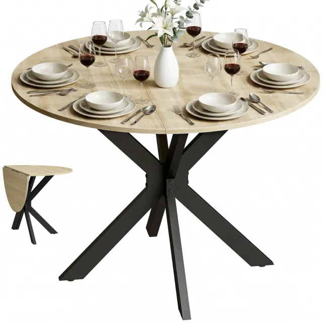 ECTEATOY Ronde Eettafel - Klaptafel voor 2 tot 6 Personen - Inklapbare Tafel - Houtlook en Staal - Ø 110 x 76 cm Houtkleur