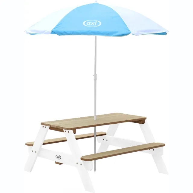 Axi Nick Picknicktafel in Bruin/Wit met Parasol in Blauw/Wit - Picknick tafel voor kinderen van FSC hout