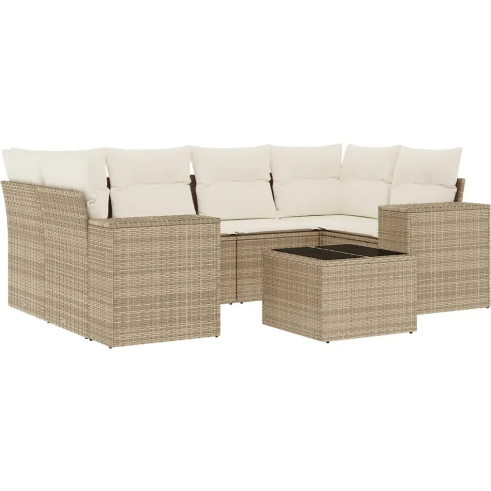 vidaXL 7-delige Loungeset met kussens poly rattan beige