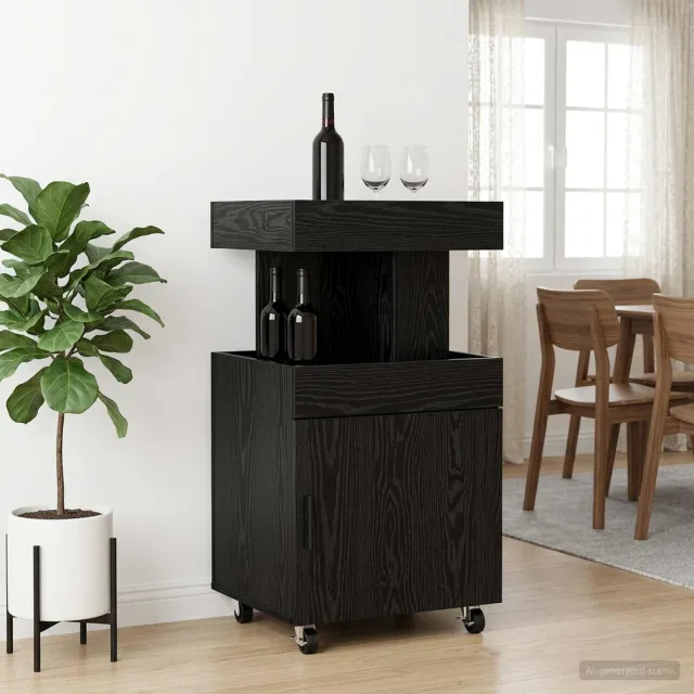 vidaXL Serveerwagen Zwart eiken 50 x 41 x 89 cm Bewerkt hout, foto 2