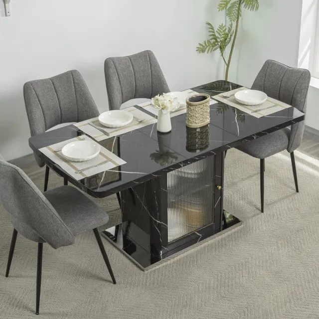 OKWISH Eettafel – Uitschuifbaar Rechthoek – Geprint Zwart Marmer Blad – 120-160x80x76 cm – Met Opbergruimte En Glazen Deuren – MDF Staal Zwart