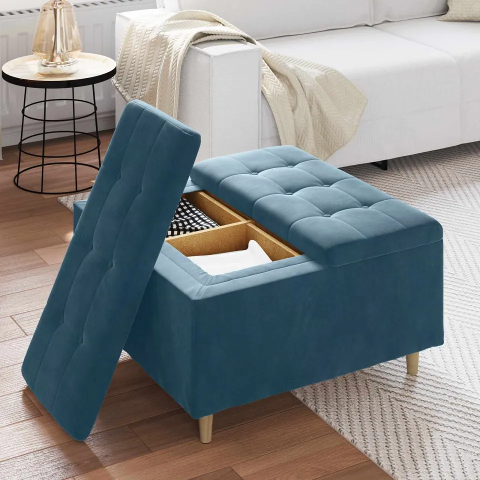vidaXL Ottoman met Opbergruimte Blauw 80 x 80 x 45 cm Fluweel, foto 4