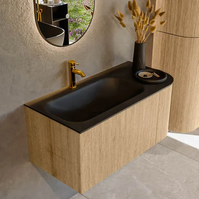 Mondiaz KURVE 95 cm Onderkast Greeploos 1 Lade Met Deuren Oak, Wastafel Solid Surface Links Urban 1 Kraangat Zonder Spiegel (KRVBGS95R1L1D1KL-Oak/Urb)